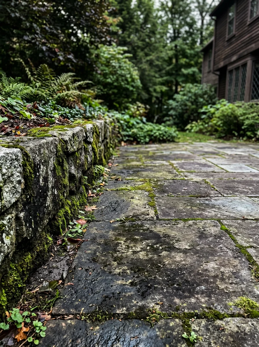 A large stone patio behind a Nobscot estate in Framingham, MA showing algae staining on the pavers and a moss-covered retaining wall along the property edge.