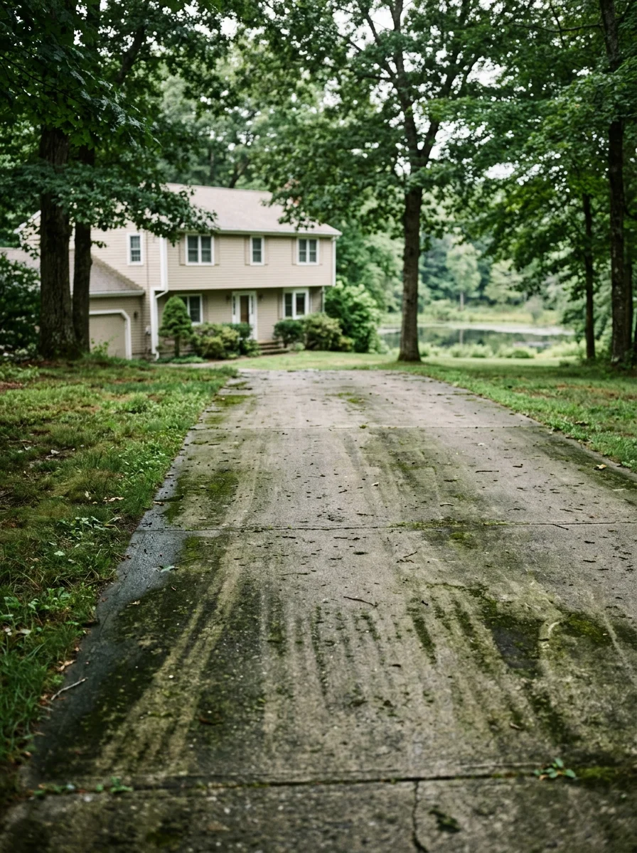 A shaded concrete driveway at a Holliston, MA split-level home showing algae and moss growth across the surface with a pond visible through the trees in the background.