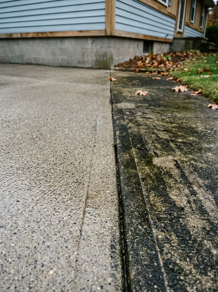 Close-up of a pressure-washed concrete driveway next to a mid-century ranch home in West Natick, showing the clean surface contrast against an unwashed section.