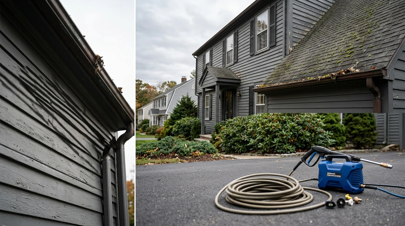 A two-story colonial home in Natick, MA with moss-covered asphalt shingles on the north-facing roof slope and leaf-packed gutters visible along the roofline.