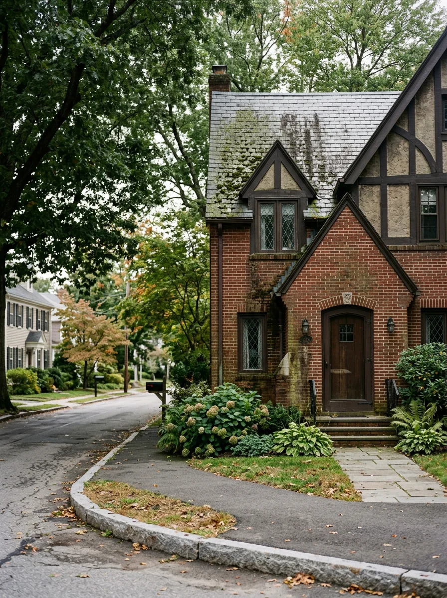 A brick Tudor home in Newton Centre, MA with algae staining on the lower facade and a moss-covered north-facing roof section visible above the front dormer.