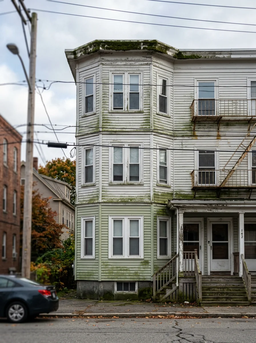A South Side triple-decker in Waltham, MA with green algae staining on the lower siding panels and a moss-covered flat roof section visible above the third-floor windows.