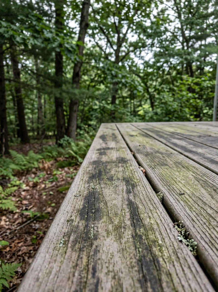 A wood deck behind a Wayland, MA home near the Sudbury River corridor showing algae and mildew buildup on the boards under a dense woodland canopy.