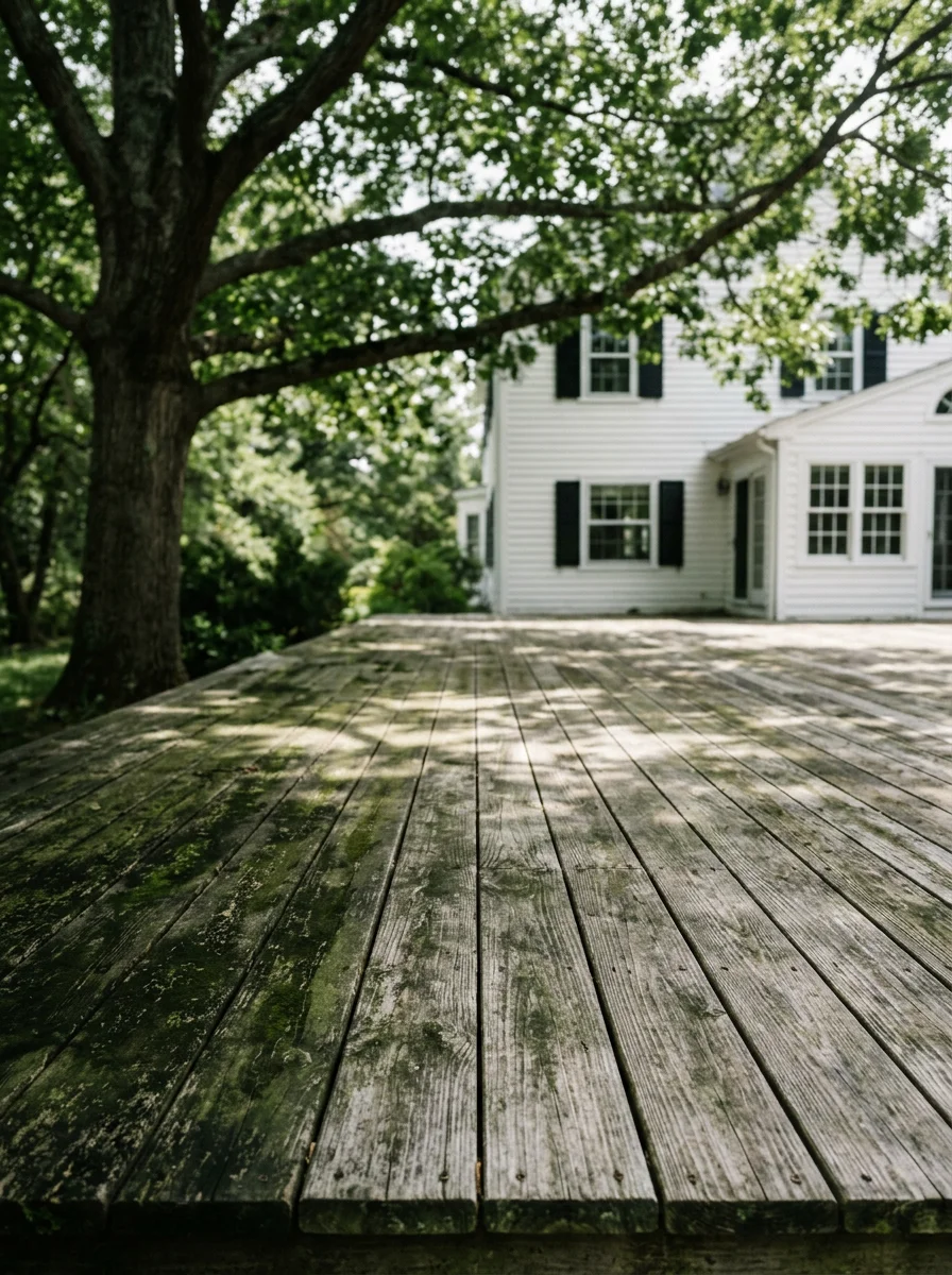 A wood deck behind a colonial home in Wellesley, MA showing green algae buildup on the boards under a large oak tree canopy.