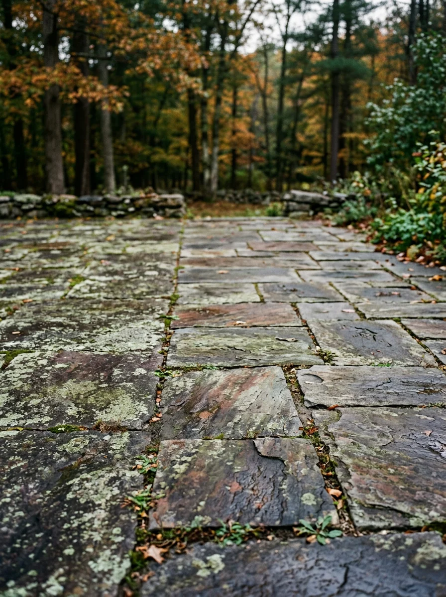 A shaded bluestone patio behind a Weston, MA estate property with lichen and algae growth on the stone surface and a wooded conservation area visible in the background.