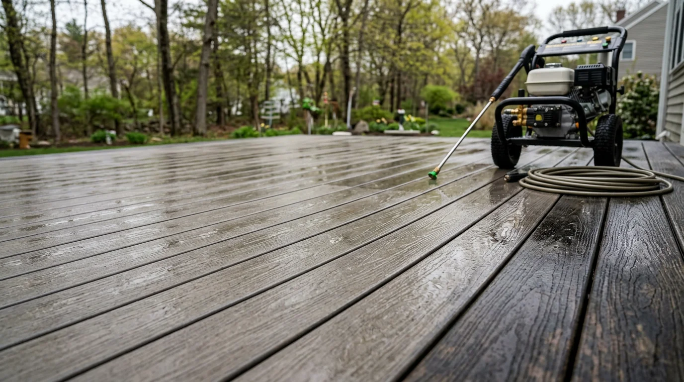 A freshly pressure-washed wood deck behind a Natick home, with clean boards free of green mold and dark mildew stains. The deck surface and railings are visibly restored after professional deck washing service.