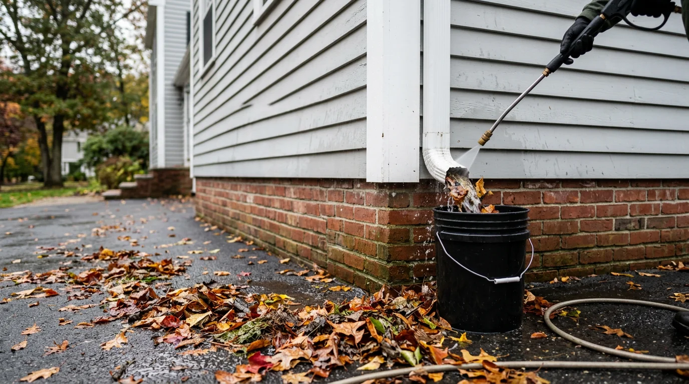 A downspout on a wood-sided Natick home with water flowing freely through a clean tube onto a splash block away from the foundation. Fallen leaves and debris are visible on the ground nearby after a professional downspout cleaning.