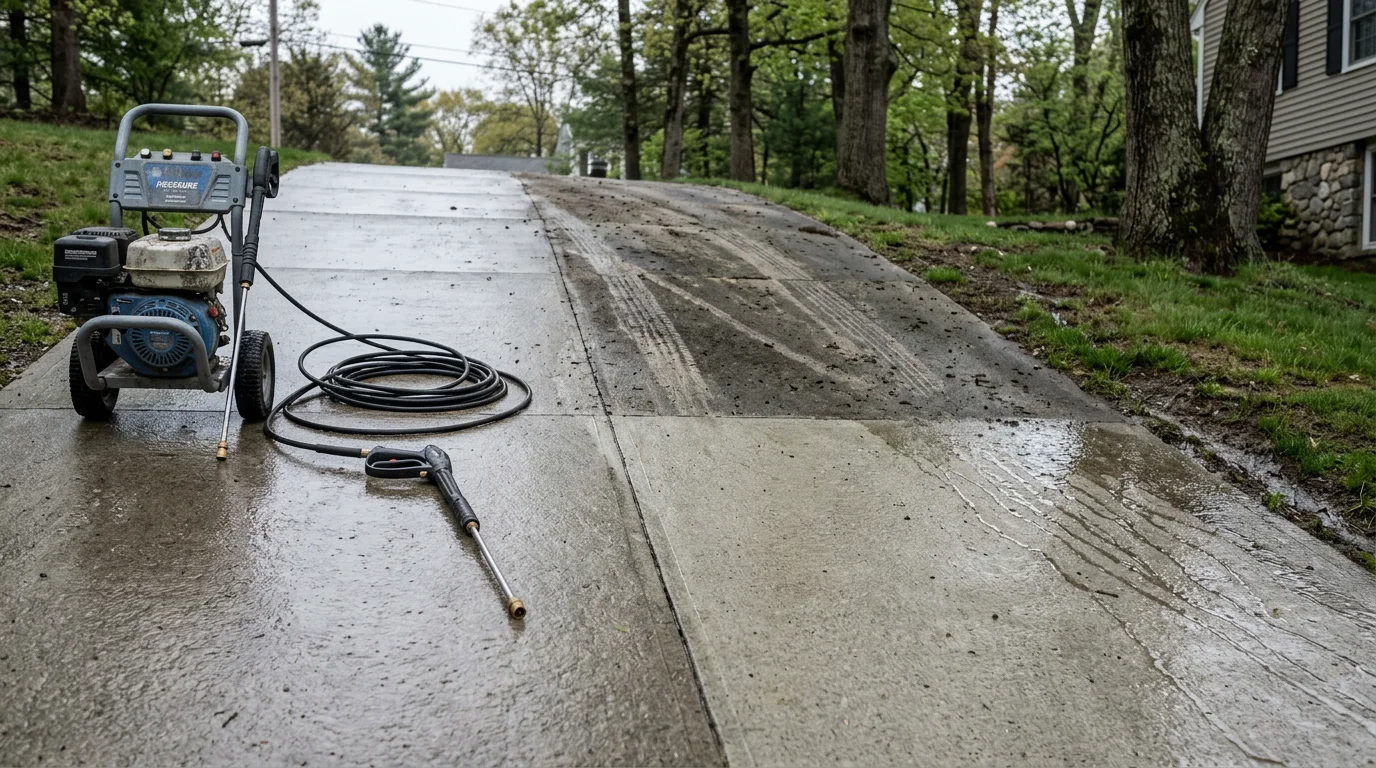 A clean asphalt driveway in a Natick residential neighborhood after professional pressure washing, with algae staining and tire marks removed from the surface. The edges and joints are visibly clear of debris and organic buildup.