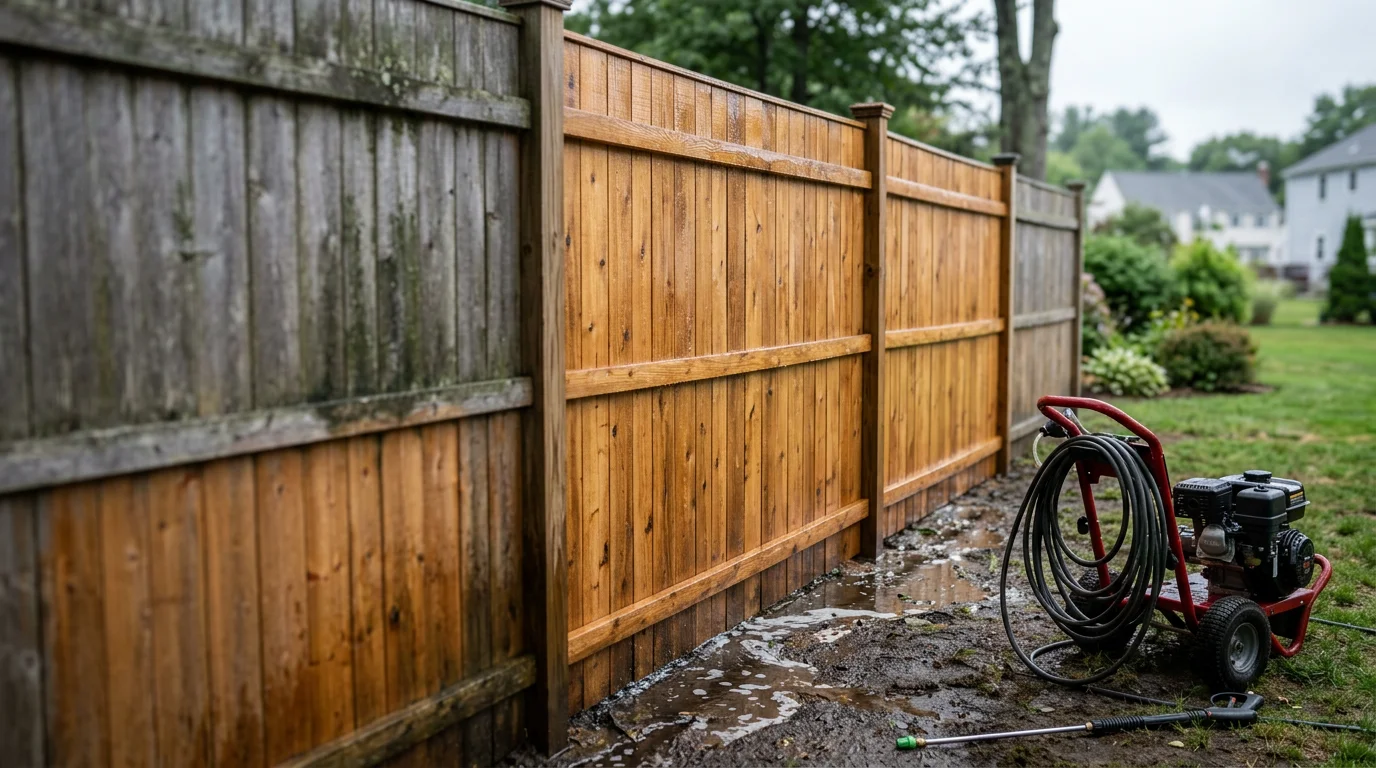A clean wood privacy fence along a residential property line in Natick, MA, showing uniform color and no algae or green film after professional fence washing. The fence runs alongside a green lawn with no streaking or surface damage visible.