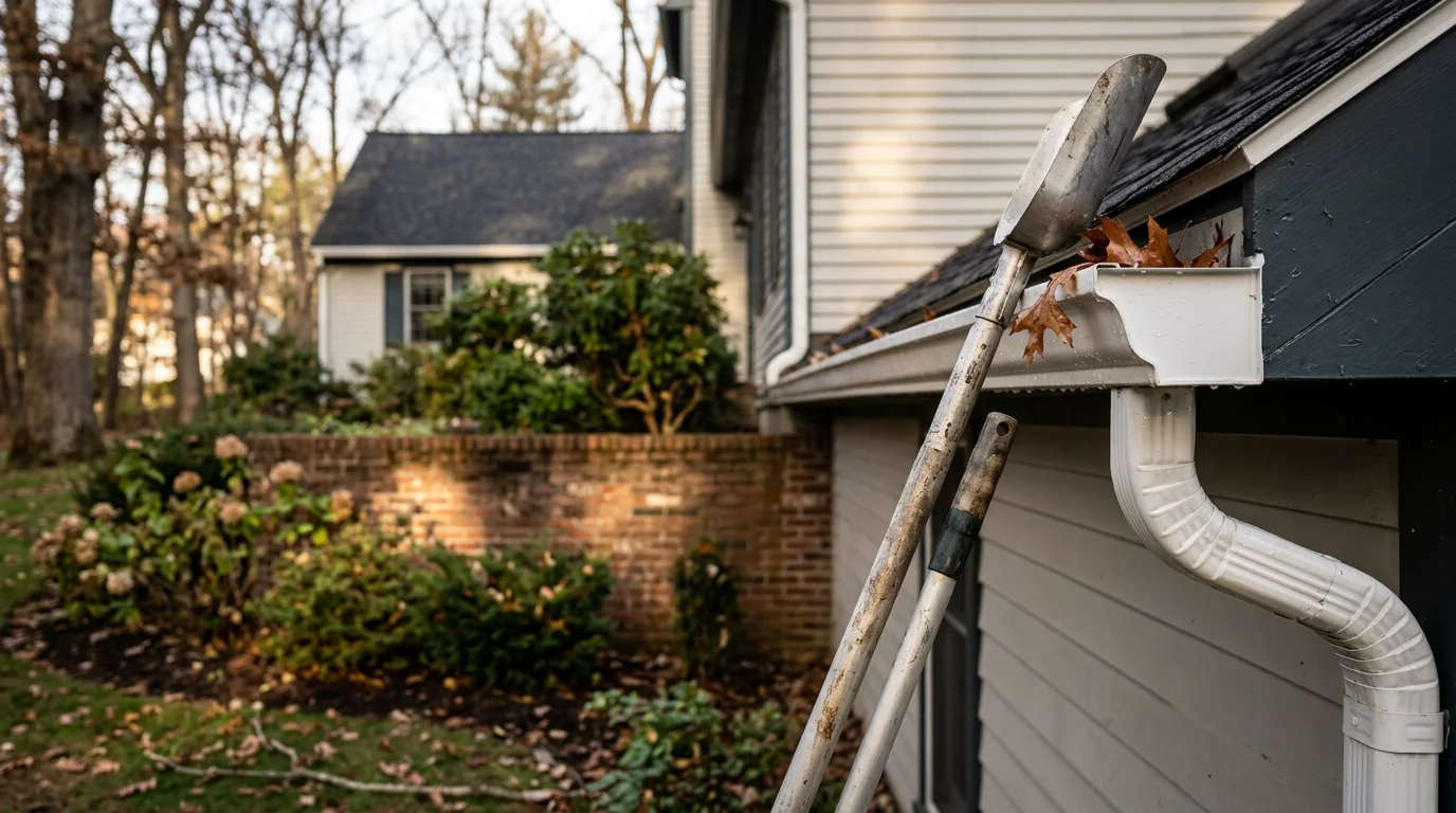 A gutter on a Natick home being cleared of packed leaves and debris by a Dr. Pressure technician working from a ladder. The cleaned gutter section shows an open, unobstructed channel ready to drain water freely.