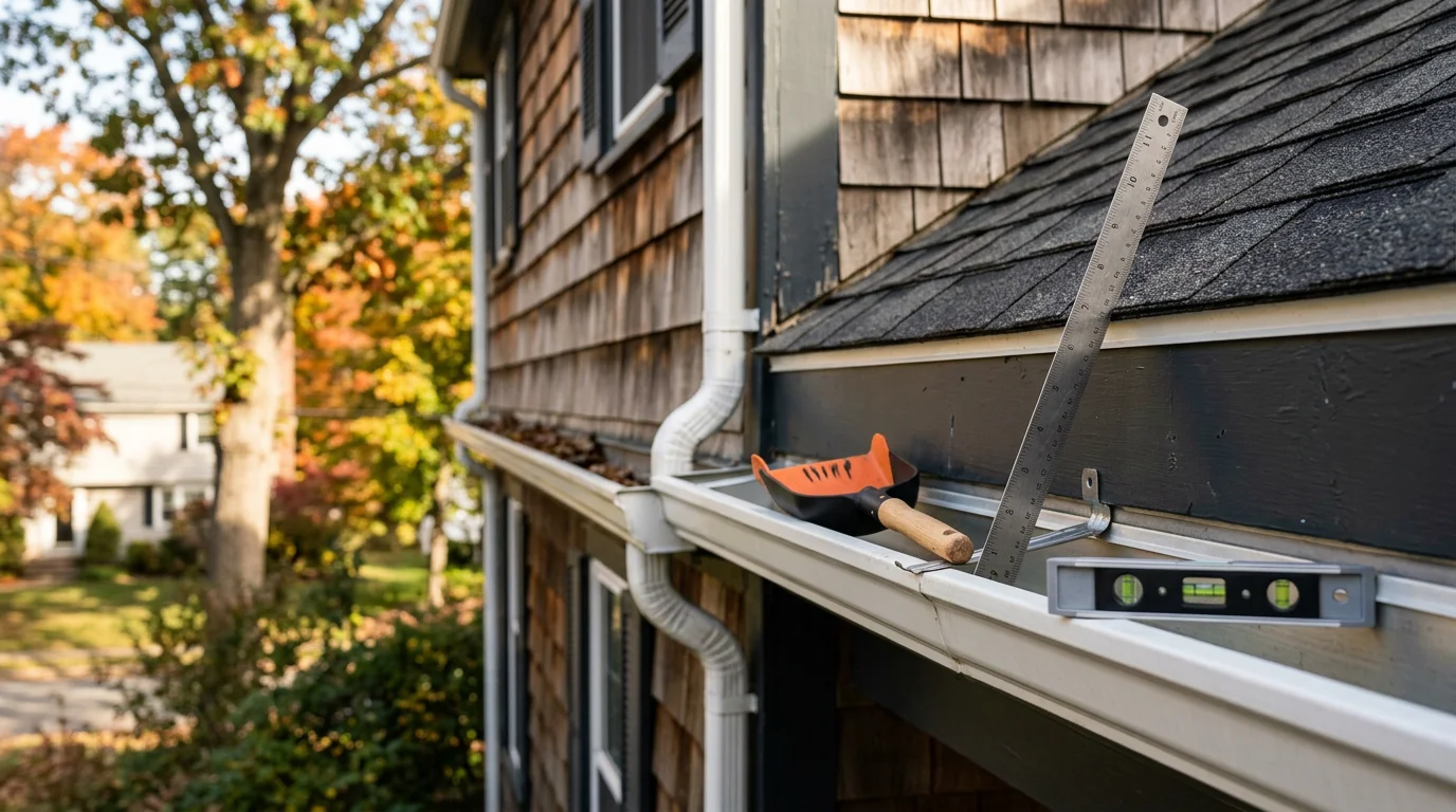 A gutter inspector examining the fascia connection and hanger condition along the roofline of a residential home in Natick, Massachusetts. Close-up view shows the gutter run being checked for sagging and seam separation after a wet New England season.