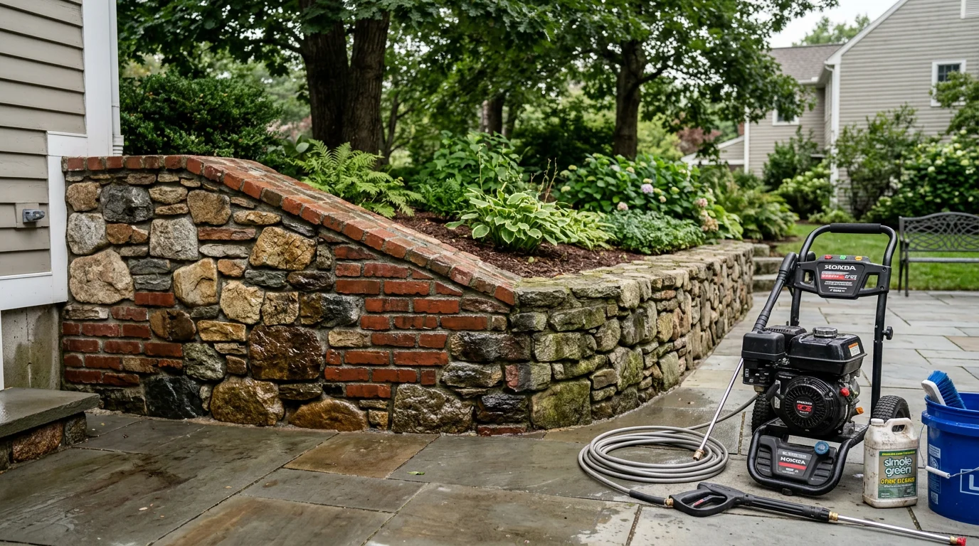 A Natick driveway and brick retaining wall after professional hardscape washing, showing clean concrete and algae-free masonry. Dr. Pressure hardscape washing service, MetroWest Massachusetts.
