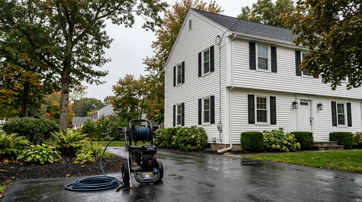 A two-story Natick home with clean, streak-free vinyl siding after professional house washing, showing bright trim and clear soffits against a tree-lined yard. Before-and-after contrast visible on the north-facing wall where algae growth has been fully removed.