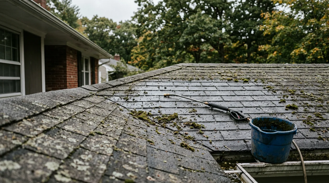 Close-up of a moss-covered asphalt shingle roof on a Natick home surrounded by mature trees. A roofing contractor applies a low-pressure treatment to the affected shaded sections.