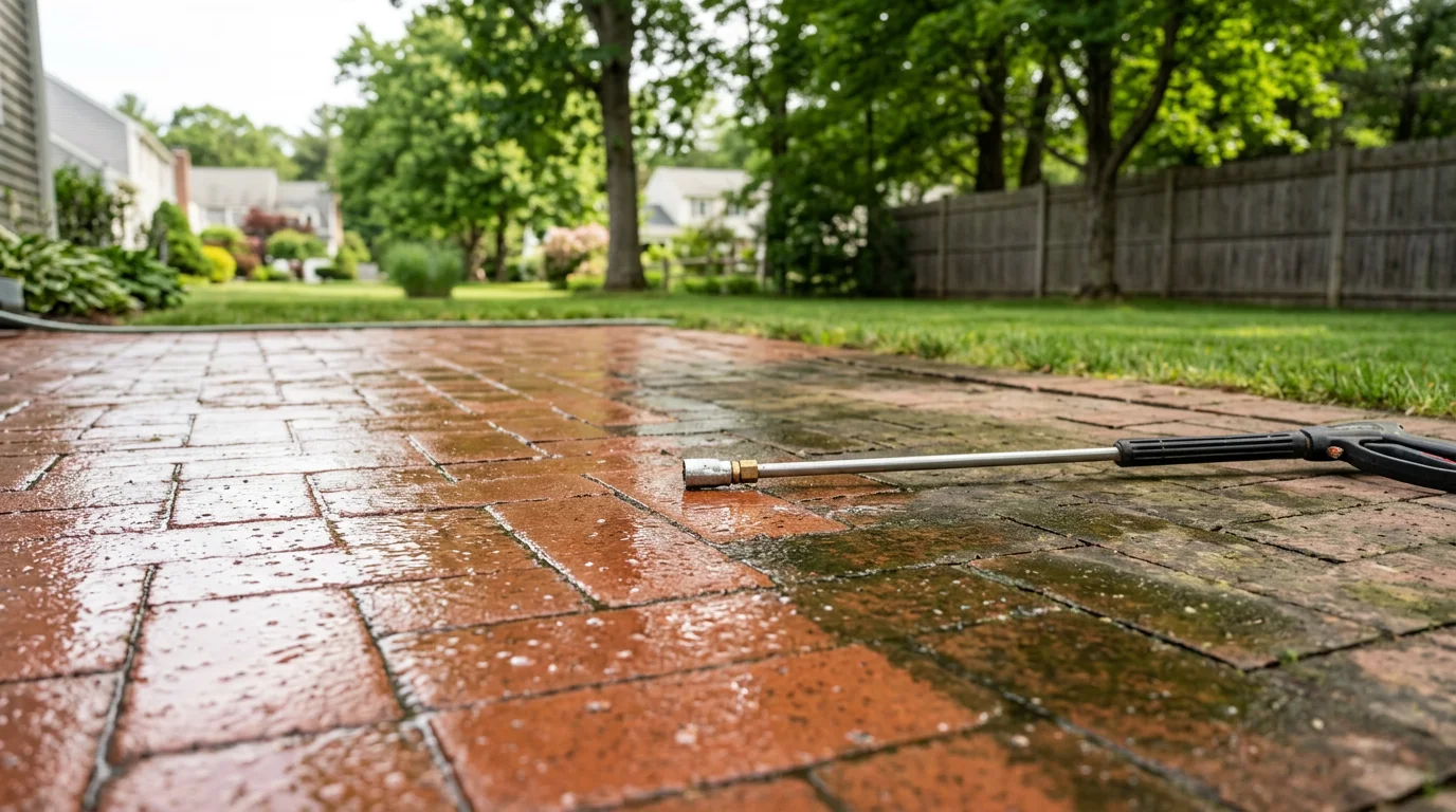 A clean concrete patio in a Natick backyard after professional pressure washing, with algae and dark staining fully removed from the surface. The patio surface shows an even, restored color with no streaking or residue.