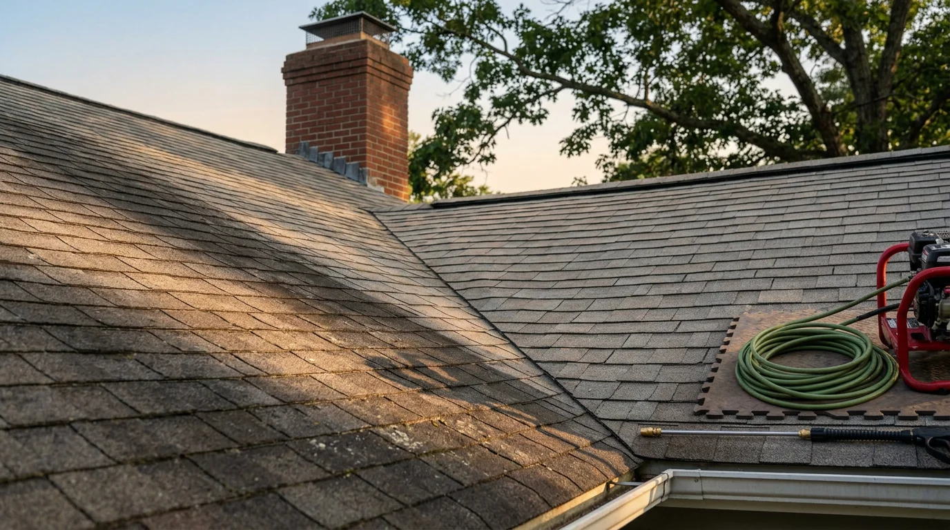 A residential roof in Natick, Massachusetts after professional cleaning, showing shingles cleared of dark algae streaks and green biological growth. The cleaned surface contrasts with the surrounding tree canopy typical of MetroWest neighborhoods.