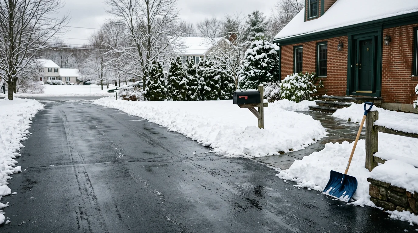 A cleared residential driveway and front walkway in Natick, MA after a winter snowstorm, with snow pushed to the sides and entry steps fully exposed. Snow removal work completed by Dr. Pressure serving the MetroWest area.