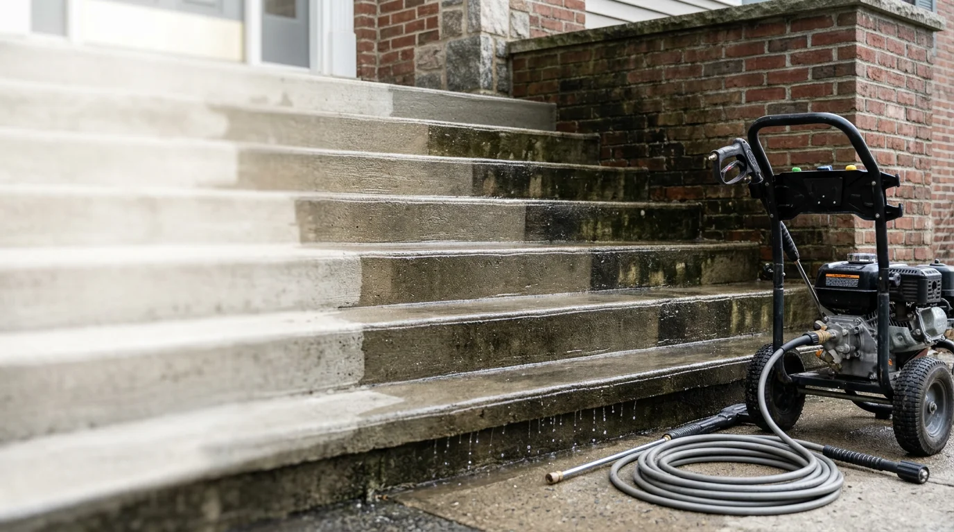 Clean concrete front entry steps on a Natick home after professional step washing, with algae and staining fully removed from treads and risers. The surface shows restored color and texture with no visible moss or dark growth remaining.
