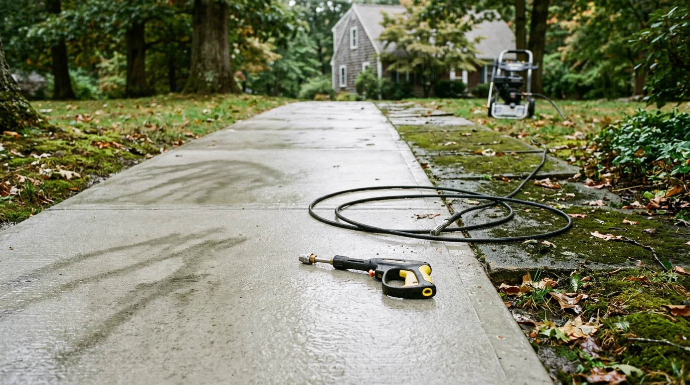 A clean concrete and paver walkway leading to the front entry of a Natick home after professional pressure washing, with moss and dirt staining fully removed. The surface shows restored color and texture with no streaking or residue.
